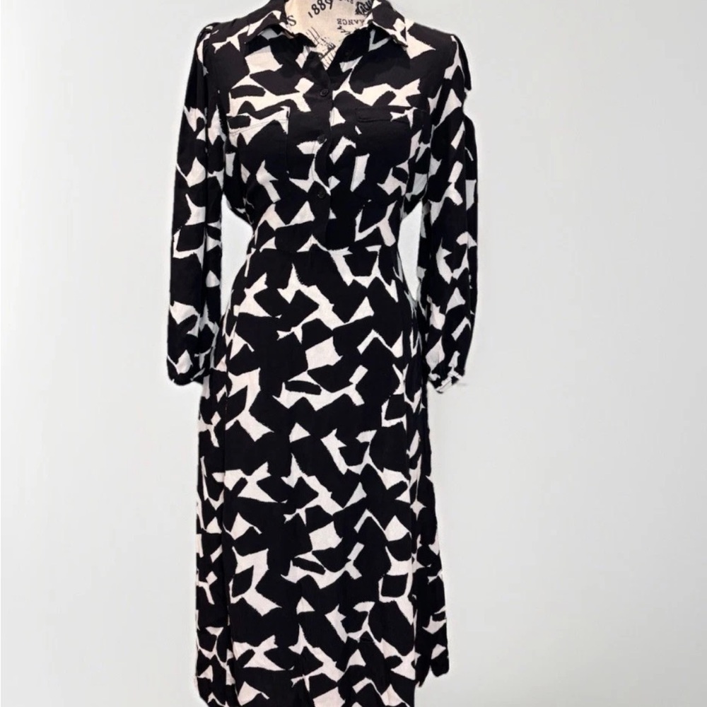 Zara Black White Abstract Print Midi Dress Long Sleeve Button Front Chic Medium